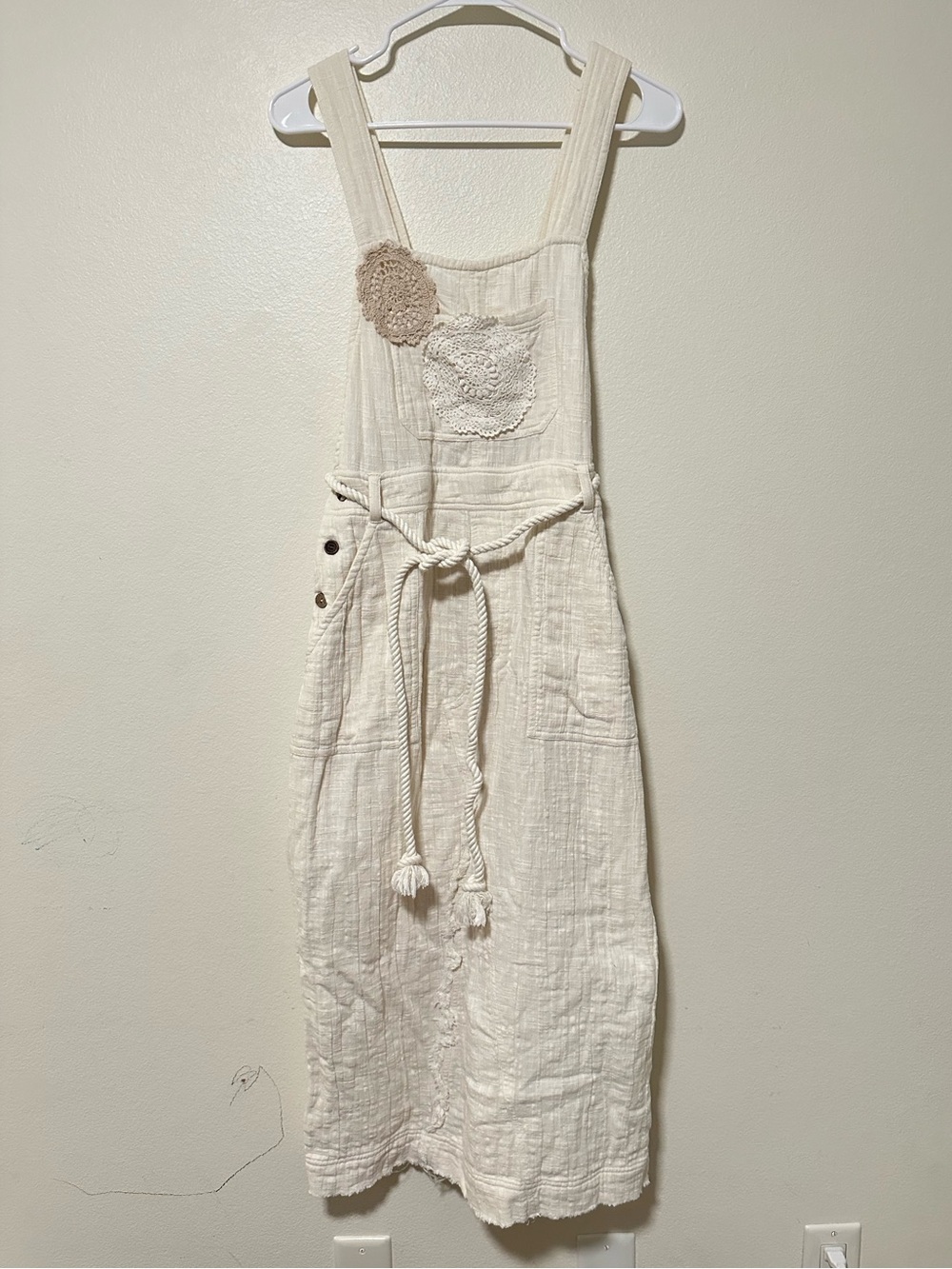 Free People Women's Cream Cotton Gauze Pinafore Dress with Rope Tie